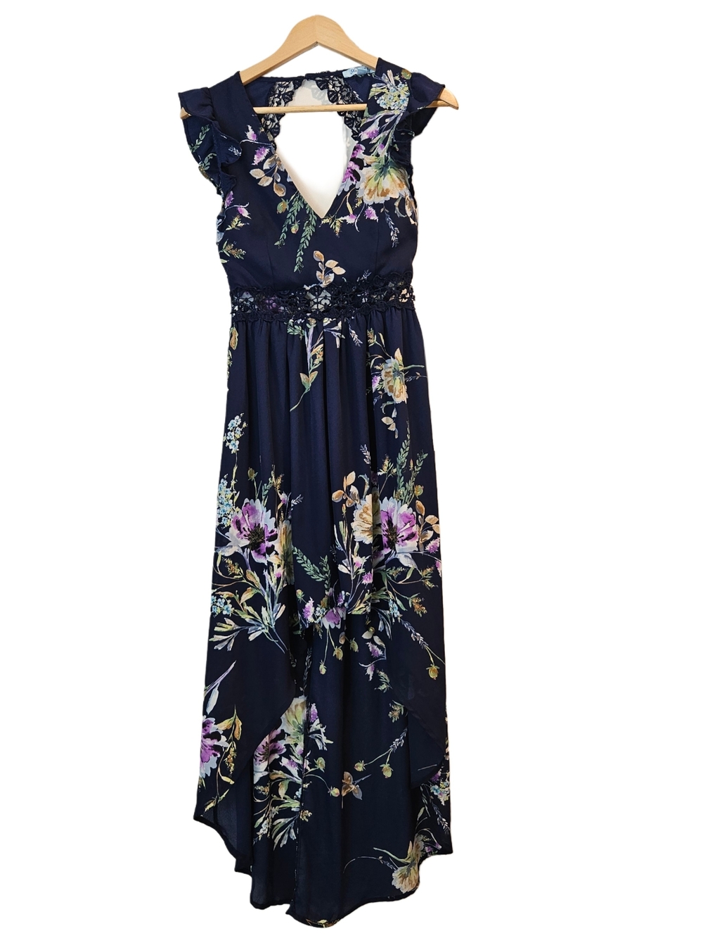 She + Sky Navy Floral High Low Maxi Dress Lace Open Back Size Small